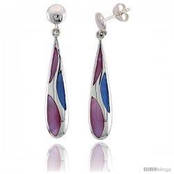 Sterling Silver Teardrop Pink & Blue Mother of Pearl Inlay Earrings, 1 9/16" (40 mm) tall