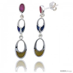 Sterling Silver Graduated Ovals Pink, Blue & Light Yellow Mother of Pearl Inlay Earrings, 1 1/8" (28 mm) tall