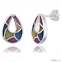 Sterling Silver Pear-shaped Pink, Blue & Light Yellow Mother of Pearl Inlay Earrings, 11/16" (17 mm) tall