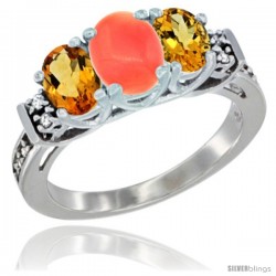 14K White Gold Natural Coral & Citrine Ring 3-Stone Oval with Diamond Accent