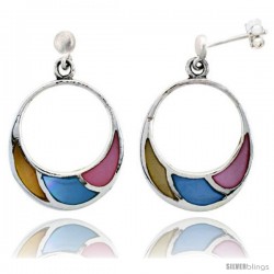 Sterling Silver Circle Pink, Blue & Light Yellow Mother of Pearl Inlay Earrings, 7/8" (22 mm) tall