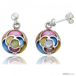 Sterling Silver Round Pink, Blue, Light Yellow & White Mother of Pearl Inlay Earrings, 1/2" (13 mm) tall