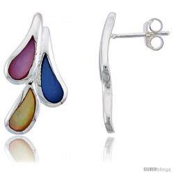 Sterling Silver Teardrop Pink, Blue & Light Yellow Mother of Pearl Inlay Earrings, 1" (25 mm) tall