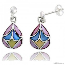 Sterling Silver Pear-shaped Pink, Blue & Light Yellow Mother of Pearl Inlay Earrings, 9/16" (15 mm) tall