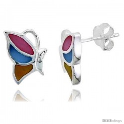 Sterling Silver Half Butterfly Pink, Blue & Light Yellow Mother of Pearl Inlay Earrings, 9/16" (15 mm) tall