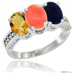 14K White Gold Natural Citrine, Coral & Lapis Ring 3-Stone 7x5 mm Oval Diamond Accent