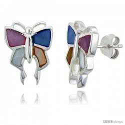 Sterling Silver Butterfly Pink, Blue, Light Yellow & White Mother of Pearl Inlay Earrings, 5/8" (15 mm) tall