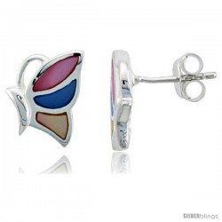 Sterling Silver Half Butterfly Pink, Blue & Light Yellow Mother of Pearl Earrings, 9/16" (15 mm) tall