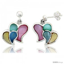 Sterling Silver Double Heart Pink, Blue, Green & Light Yellow Mother of Pearl Inlay Earrings, 5/8" (15 mm) tall