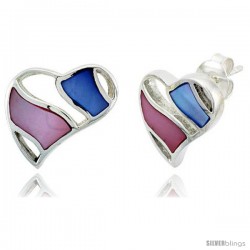 Sterling Silver Heart Pink & Blue Mother of Pearl Inlay Earrings, 11/16" (17 mm) tall