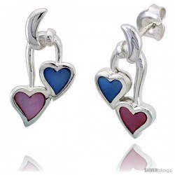 Sterling Silver Double Heart Pink & Blue Mother of Pearl Inlay Earrings, 7/8" (22 mm) tall