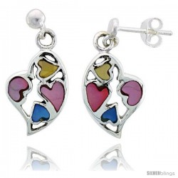 Sterling Silver Heart Pink, Blue & Light Yellow Mother of Pearl Inlay Earrings, 11/16" (17 mm) tall