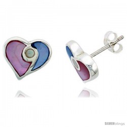Sterling Silver Heart Pink & Blue Mother of Pearl Inlay Earrings, 1/2" (13 mm) tall