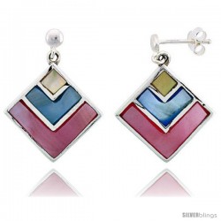Sterling Silver Diamond-shaped Pink, Blue & Light Yellow Mother of Pearl Inlay Earrings, 13/16" (21 mm) tall