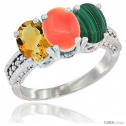 14K White Gold Natural Citrine, Coral & Malachite Ring 3-Stone 7x5 mm Oval Diamond Accent