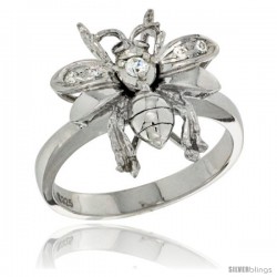 Sterling Silver Bee Ring CZ stones Rhodium Finished, 5/8 in wide