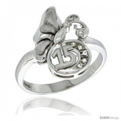 Sterling Silver Quinceanera 15 ANOS Butterfly Ring CZ stones Rhodium Finished, 1/2 in wide