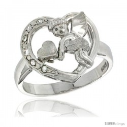 Sterling Silver Cupid Heart Ring CZ stones Rhodium Finished, 5/8 in wide