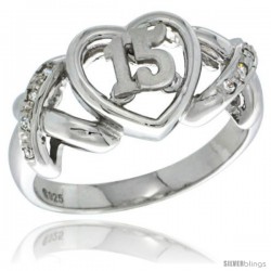 Sterling Silver Quinceanera 15 Anos Ring w Hearts and Kisses CZ stones Rhodium Finished, 3/8 in wide