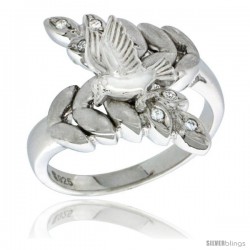 Sterling Silver Dove on Olive Branch Ring CZ stones Rhodium Finished, 13/16 in wide