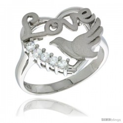 Sterling Silver Love Heart Dove Ring CZ stones Rhodium Finished, 5/8 in wide