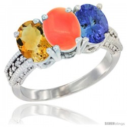 14K White Gold Natural Citrine, Coral & Tanzanite Ring 3-Stone 7x5 mm Oval Diamond Accent