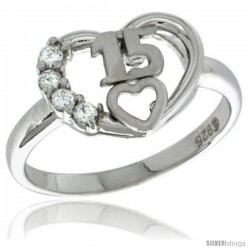 Sterling Silver Quinceanera 15 ANOS Heart Ring CZ stones Rhodium Finished, 7/16 in wide