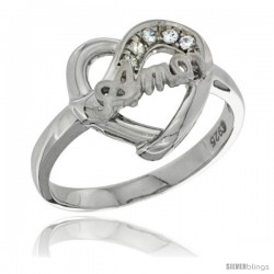 Sterling Silver AMOR Heart Ring CZ stones Rhodium Finished, 1/2 in wide