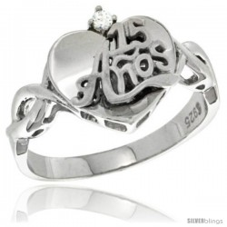 Sterling Silver Quinceanera 15 ANOS Heart Ring CZ stones Rhodium Finished, 15/32 in wide