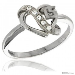 Sterling Silver Quinceanera 15 ANOS Heart Ring CZ stones Rhodium Finished, 15/32 in wide -Style Rzh114