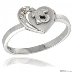 Sterling Silver Quinceanera 15 ANOS Heart Ring CZ stones Rhodium Finished, 7/16 in wide -Style Rzh115