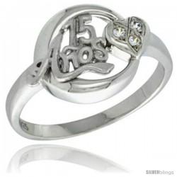 Sterling Silver Quinceanera 15 ANOS w/ Heart Ring CZ stones Rhodium Finished, 5/8 in wide