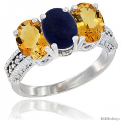 14K White Gold Natural Lapis & Citrine Sides Ring 3-Stone 7x5 mm Oval Diamond Accent