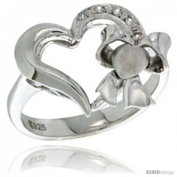Sterling Silver Heart w/ Ribbon Heart Ring CZ stones Rhodium Finished, 3/4 in wide