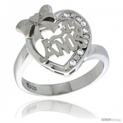 Sterling Silver Quinceanera 15 ANOS w/ Ribbon Heart Ring CZ stones Rhodium Finished, 5/8 in wide