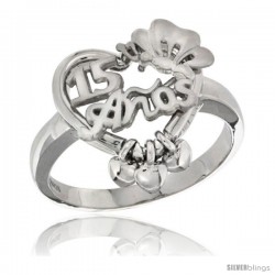 Sterling Silver Quinceanera 15 ANOS w/ Butterfly Triple Hearts Ring Rhodium Finished, 5/8 in wide