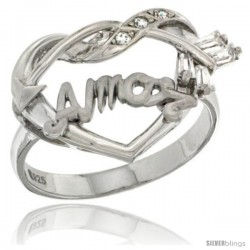 Sterling Silver AMOR w/ Cupid's Bow Ring CZ stones Rhodium Finished, 7/8 in wide