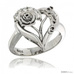 Sterling Silver LOVE Rose Heart Ring CZ stones Rhodium Finished, 11/16 in wide