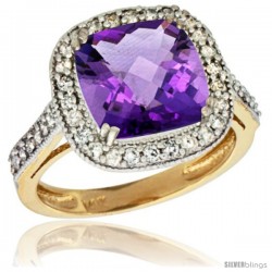 14k Yellow Gold Diamond Halo Amethyst Ring Checkerboard Cushion 9 mm 2.4 ct 1/2 in wide