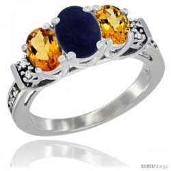 14K White Gold Natural Lapis & Citrine Ring 3-Stone Oval with Diamond Accent