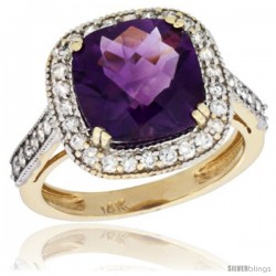 14k Yellow Gold Diamond Halo Amethyst Ring Cushion Shape 10 mm 4.5 ct 1/2 in wide