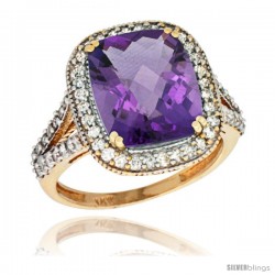 14k Yellow Gold Diamond Halo Amethyst Ring Checkerboard Cushion 12x10 4.8 ct 3/4 in wide