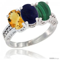 14K White Gold Natural Citrine, Lapis & Malachite Ring 3-Stone 7x5 mm Oval Diamond Accent