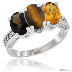 10K White Gold Natural Smoky Topaz, Tiger Eye & Whisky Quartz Ring 3-Stone Oval 7x5 mm Diamond Accent