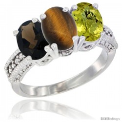 10K White Gold Natural Smoky Topaz, Tiger Eye & Lemon Quartz Ring 3-Stone Oval 7x5 mm Diamond Accent