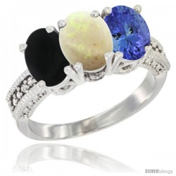 10K White Gold Natural Black Onyx, Opal & Tanzanite Ring 3-Stone Oval 7x5 mm Diamond Accent