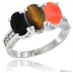 10K White Gold Natural Black Onyx, Tiger Eye & Coral Ring 3-Stone Oval 7x5 mm Diamond Accent