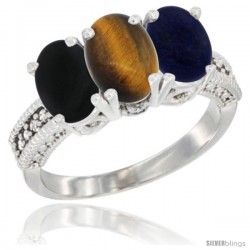 10K White Gold Natural Black Onyx, Tiger Eye & Lapis Ring 3-Stone Oval 7x5 mm Diamond Accent