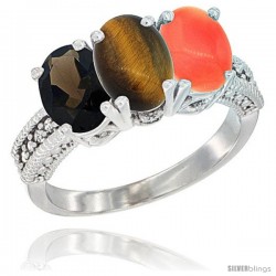 10K White Gold Natural Smoky Topaz, Tiger Eye & Coral Ring 3-Stone Oval 7x5 mm Diamond Accent