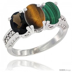 10K White Gold Natural Smoky Topaz, Tiger Eye & Malachite Ring 3-Stone Oval 7x5 mm Diamond Accent